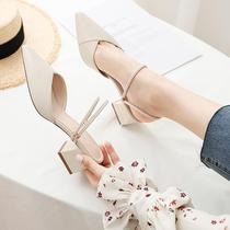 Snowy Serconian Baotou sandal Girl genuine leather coarse heel tip in heel half tug with two wearing single shoes 100 hitch female wind