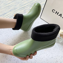 Rain boots short tube womens fleece non-slip kitchen work rubber shoes winter warm rain boots ladies fashion lightweight waterproof shoes
