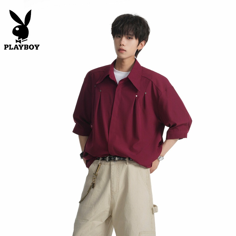 Playboy Deconstructed Design Studded Pleated Shirt Men's Engagement Wedding Short-Sleeve Shirt Birthday Party Dress Playboy Deconstructed Design Studded Pleated Shirt Men's Engagement Wedding Short-Sleeve Shirt Birthday Party Dress
