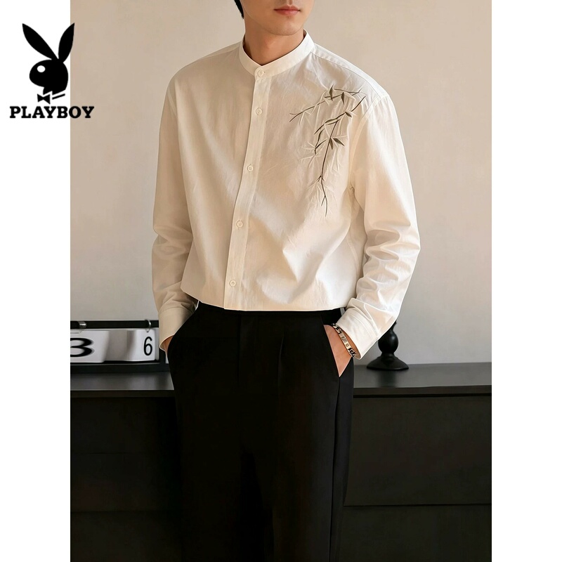 Playboy White New Chinese Style Bamboo Leaf Embroidery Cotton and Linen Shirt for Men, Engagement and Marriage Registration Chinese Style Suit, Stand Collar Shirt