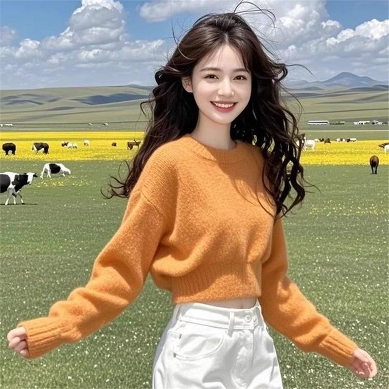 Autumn and Winter Unique and Chic Short Orange Lazy Soft Knit Sweater for Women, Niche Design Long-Sleeve Top