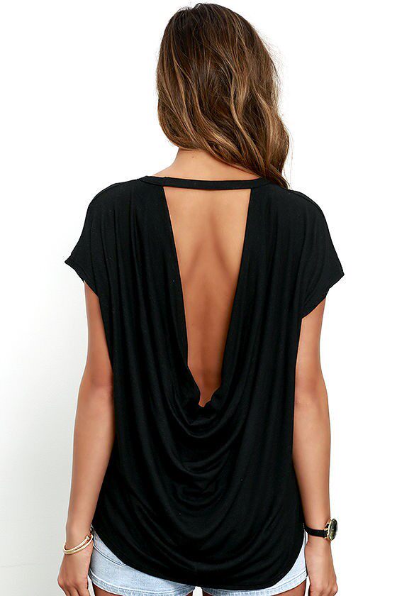 欧美风格夏季新款时尚气质性感露背纯色短袖宽松短袖T恤上衣女潮