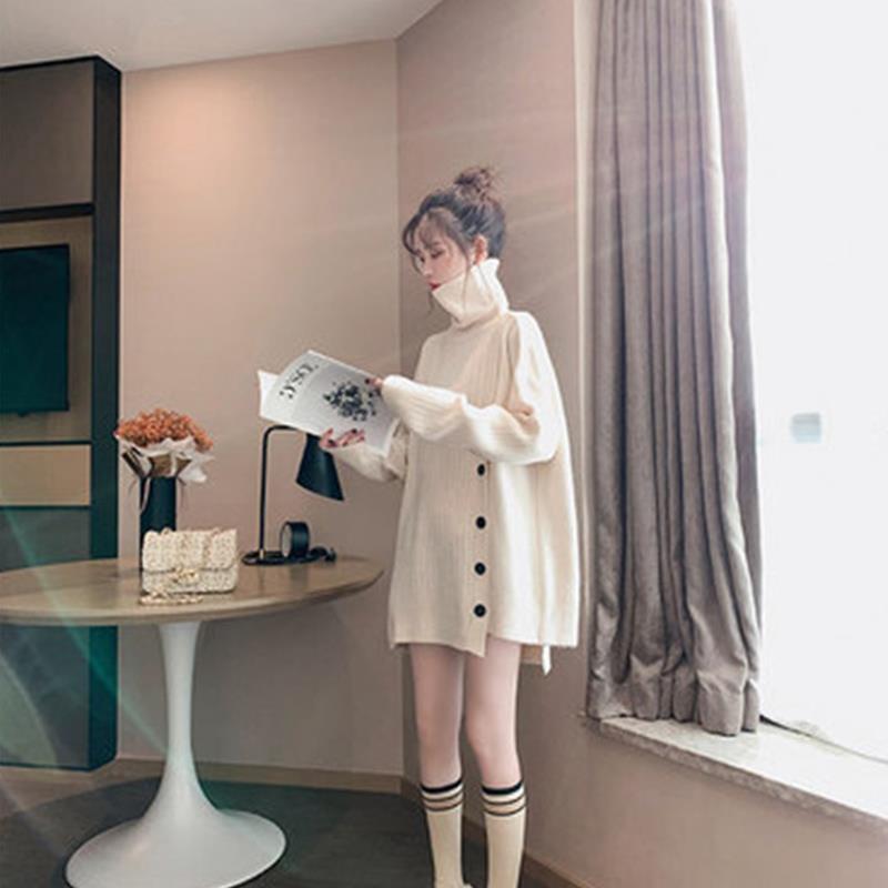 White Turtleneck Sweater for Women, Autumn and Winter New Style, Mid-Length, Hip-Covering, Loose and Lazy Style Top