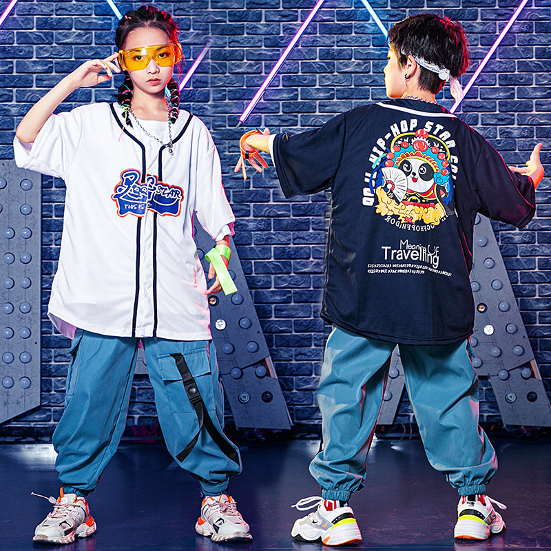 Young child hiphop short sleeve clothing children street dance hip hop suit boys and girls dress rack drum show in summer