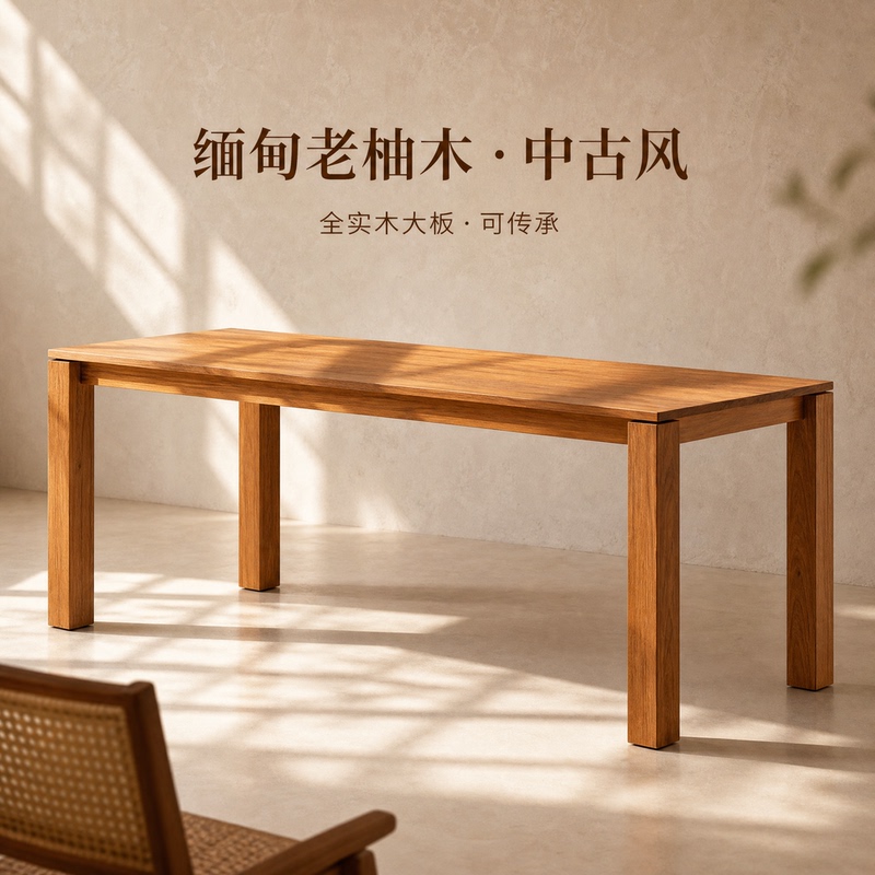 Myanmar Old Teak Wood Dining Table, Mid-Century Style, All Solid Wood, Large Table for Dining Room, Home Dining Table, Rectangular Table