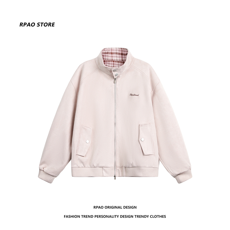 Rpao Autumn Trendy Plaid Patchwork Suede Jacket Women's American Retro Street Style Loose Casual Jacket Top