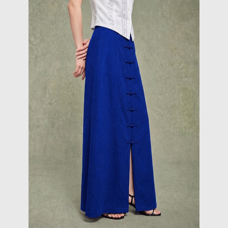 Blue Corduroy Skirt for Women, Autumn High-End Style, Chanel-Inspired New Chinese Style, National Style with Buttoned Slit Long Skirt