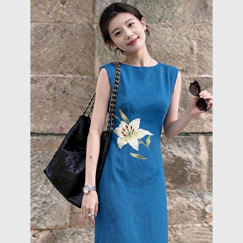 French-Style Blue Printed Dress for Women, Stunning Summer High-Quality Dopamine Design, Elegant Long Dress French-Style Blue Printed Dress for Women, Stunning Summer High-Quality Dopamine Design, Elegant Long Dress