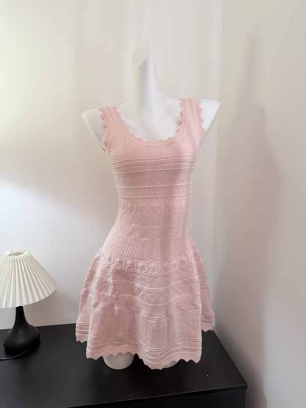 Purely Alluring Lace-Trimmed U-Neck Dress, Feminine and Sexy Hollow-Out Knitted Tank Top Short Dress Purely Alluring Lace-Trimmed U-Neck Dress, Feminine and Sexy Hollow-Out Knitted Tank Top Short Dress