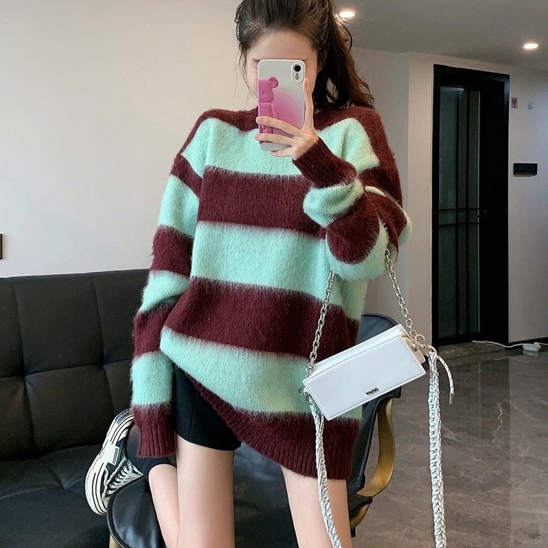 Zhao Lusi's Same Style Noble and Textured Early Autumn Retro Lazy Style Color-Blocked Striped Round-Neck Soft Mohair Sweater