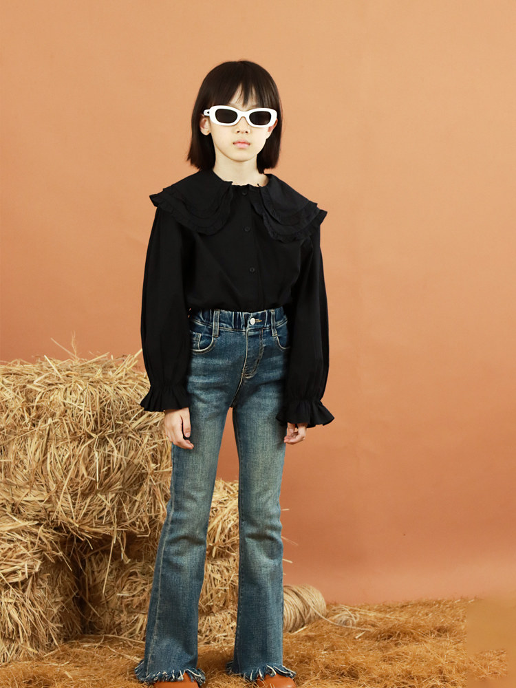 Girl's long-sleeved shirt CUHK Children's foreign air trendy large turning pure cotton temperament girl's ear doll shirt-Taobao