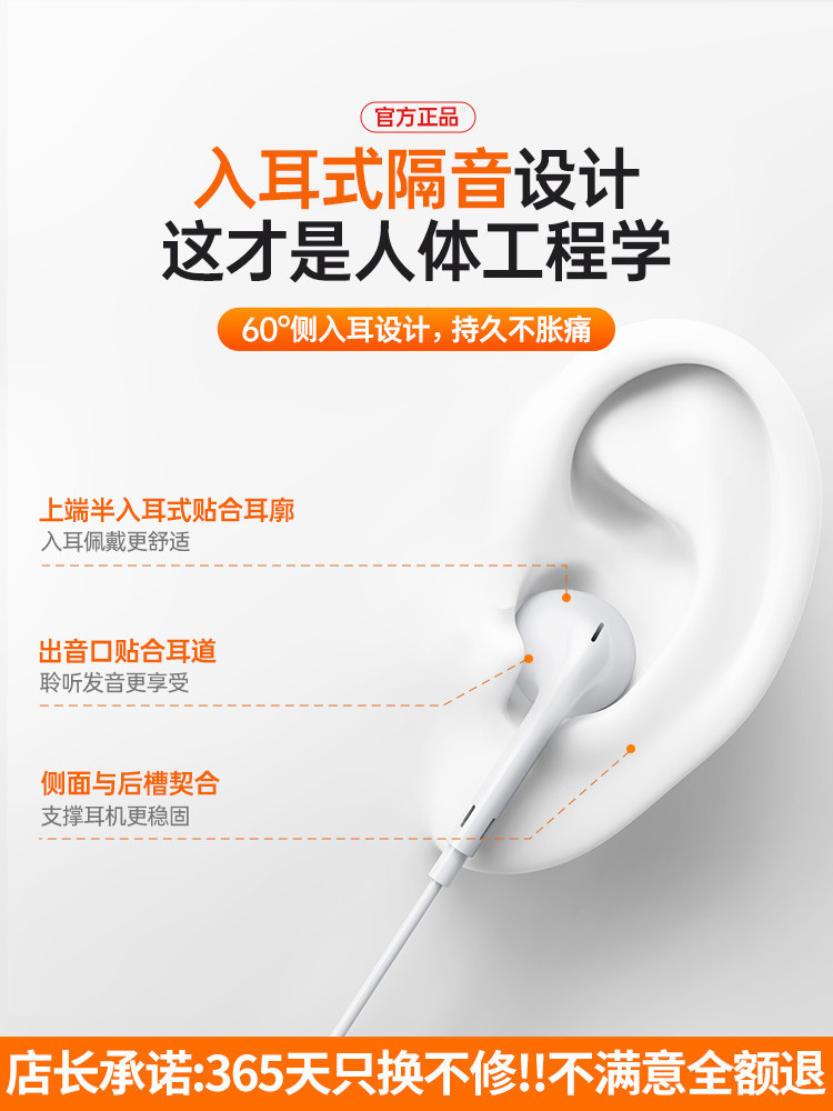 Oyoco Original Genuine Wired Headphones Suitable for iPhone 16 /15/14Promax13 Flat Head Round Hole Typec