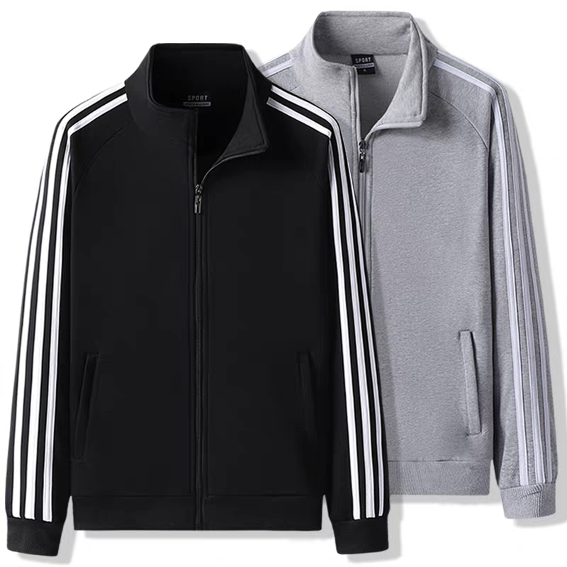 Autumn and Winter Pure Cotton Sweatshirt Jacket for Men, Fleece-Lined and Thickened, Striped Zip-Up Cardigan with Three Stripes, Stand-Up Collar, Sportswear Top