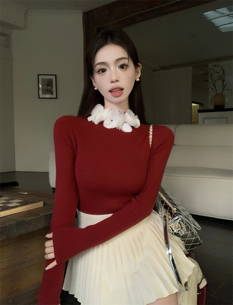 Small Scent Breeze New Year Red Flowers Sweater Woman Autumn Winter Pure Desire Hot Girl Half High Collar Blouses Tight Undershirt Hitch-Taobao