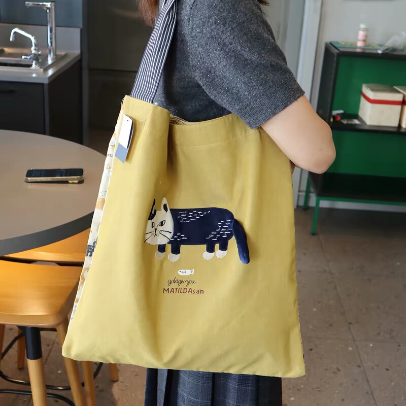 Japanese Pure Cotton Eco-Friendly Large Double-Layer Tote Bag Shoulder Bag Large Capacity Shopping Bag Canvas Bag Student Book Bag