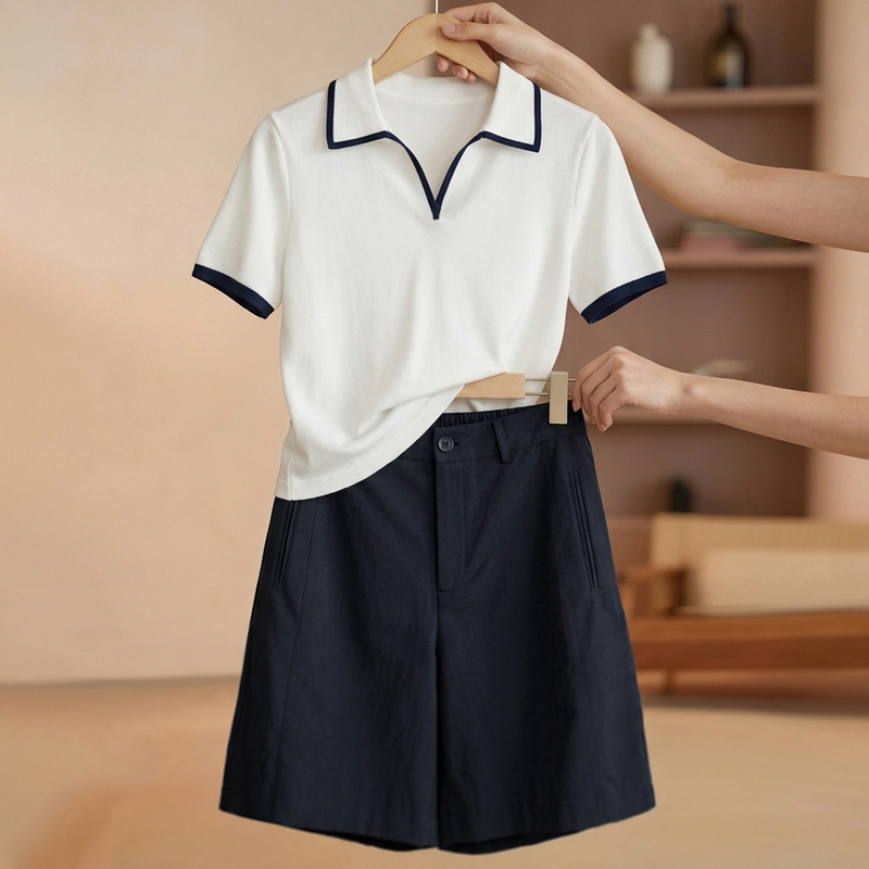 Summer College Style Age-Reducing Outfit for Women, Elegant and Slimming, Polo Collar Short-Sleeved T-Shirt, High-Waisted Wide-Leg Shorts Two-Piece Set Summer College Style Age-Reducing Outfit for Women, Elegant and Slimming, Polo Collar Short-Sleeved T-Shirt, High-Waisted Wide-Leg Shorts Two-Piece Set