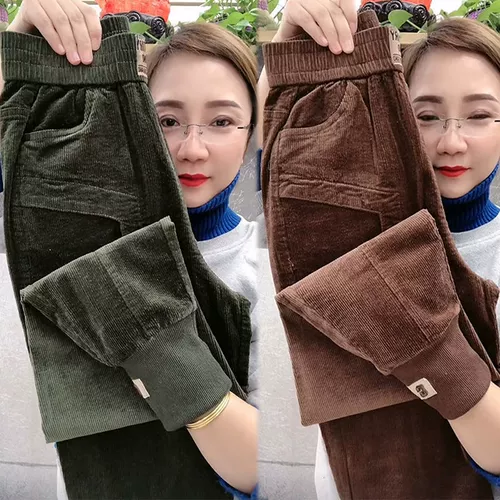 Вельветовые флисовые модные штаны для отдыха, подходит для полных девушек, большой размер, свободный крой, высокая талия