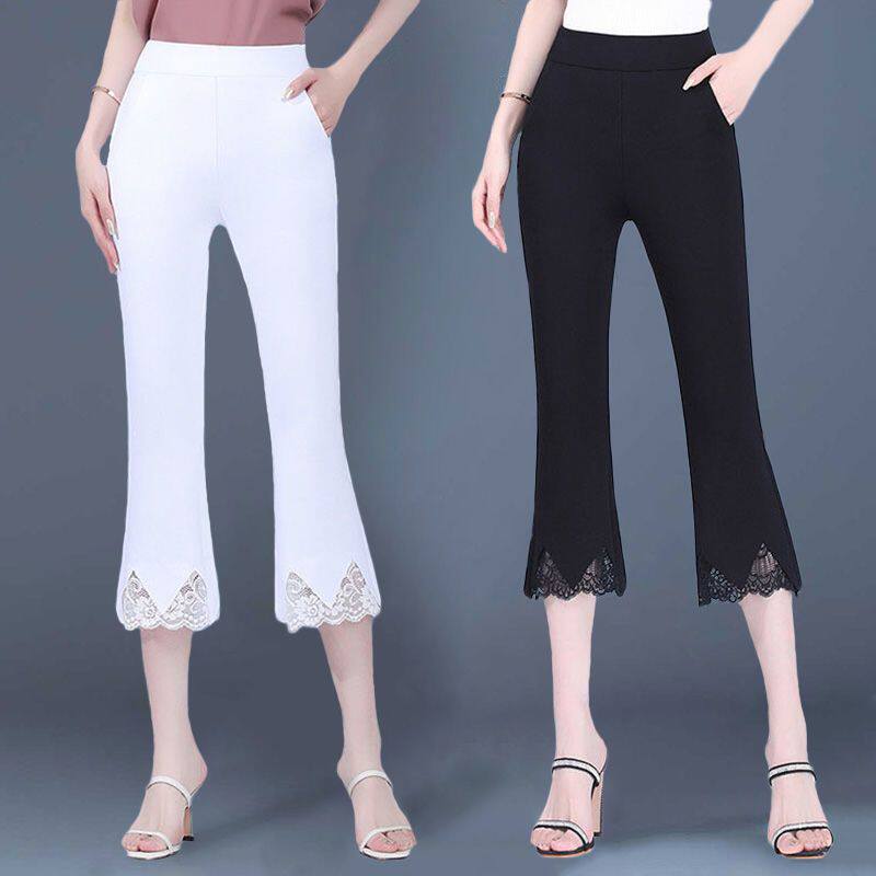 Weave cropped trousers women's summer thin section high-waisted slim over-the-knee ice silk five-point pants 2021 new breeches nine-point flared pants