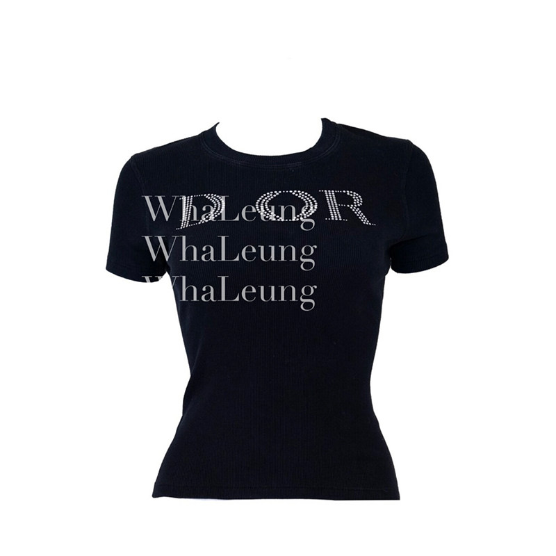 WhaLeung vintage中古水钻字母黑色短袖T恤上衣女圆领抖音同款夏 5
