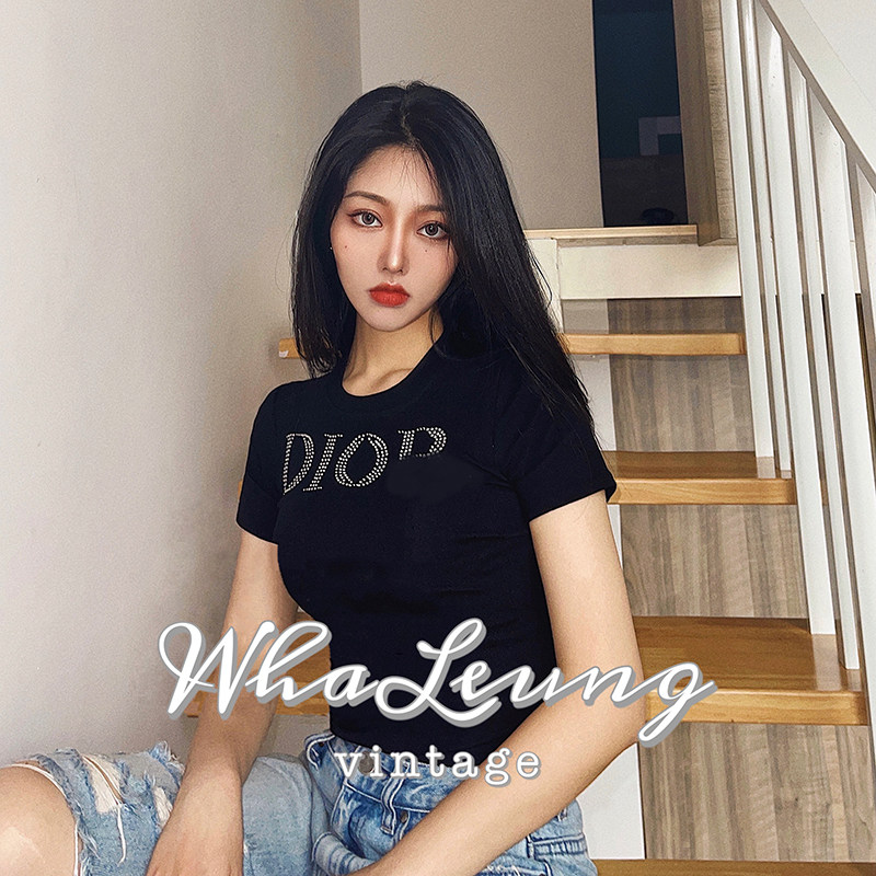 WhaLeung vintage中古水钻字母黑色短袖T恤上衣女圆领抖音同款夏 4