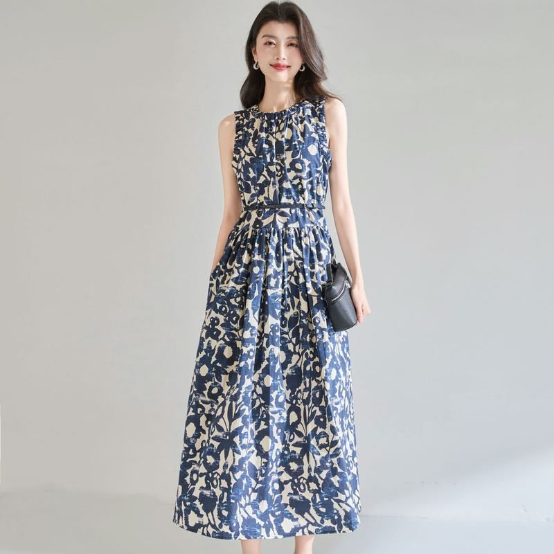 26 Summer m Brand Design-Inspired Hepburn-Style Oil Painting Print Sleeveless Dress with Belt, Poplin Mid-Length Dress