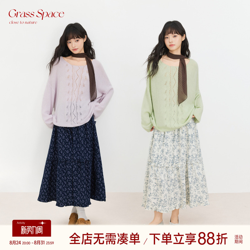 Original Space Grass Space Round Neck Hollow-Out Sweater for Women, Spring Slimming Knit Cover-Up, Sheer Outerwear Top