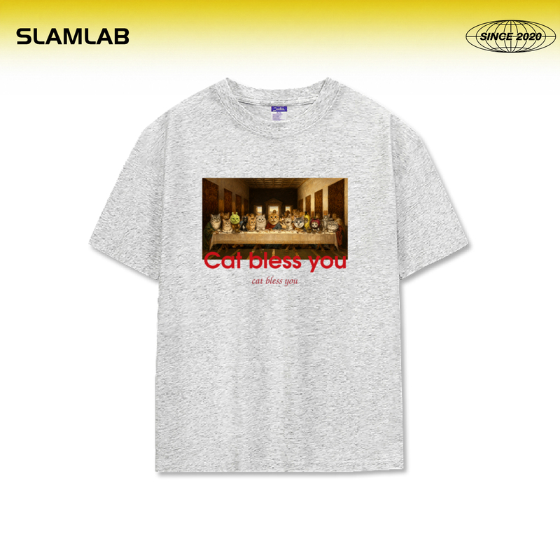 [Cat's Dinner] Heavyweight Pure Cotton T-Shirt for Men and Women, Couple Short-Sleeve, Summer American Style, Loose, Casual, Versatile, Round Neck