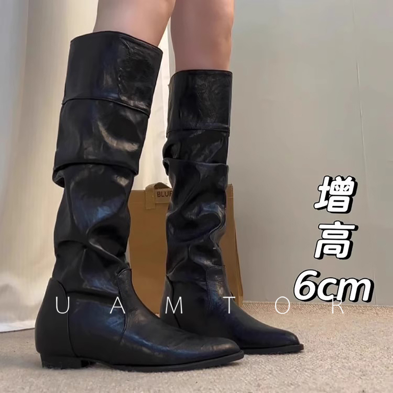 French Uamtor Retro Height-Increasing Pleated Stacked Boots for Women, 2026 Autumn Hot-Selling Pointed-Toe Over-The-Knee Riding Boots
