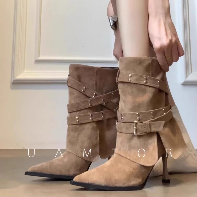 French Uamtor Hot Girl Pointed-Toe Booties Women's 2026 Spring and Summer Stiletto Boots Workwear Style Slimming Short Boots