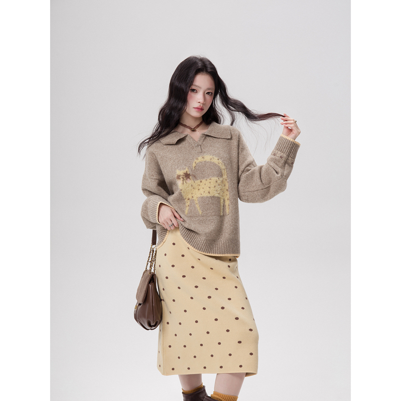 Oneofuuu Petite Color-Block Leopard~ Medium Camel Yellow Wool Leopard Print Cat Color-Block Loose Sweater