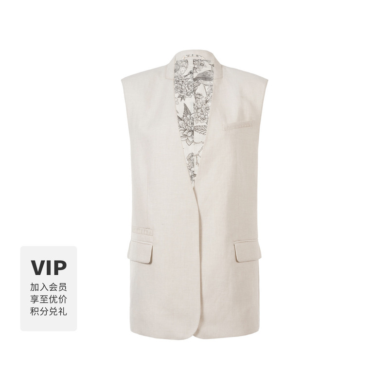 Lynee【Mountain Bird Island Flower】Linen Collarless Vest for Women, Summer Mid-Length Straight Sleeveless Commuter Top