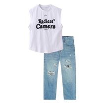 Été Street dance Childrens boomer performance boy hiphop suit plays girl hip hop sleeveless Hole Cowboy