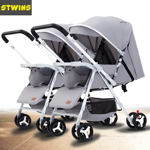 Коляска для близнецов с сидением, складная детская тележка для новорожденных для двоих, можно сидеть и лежать