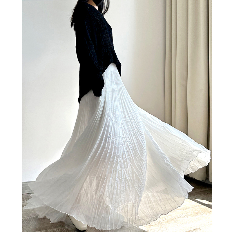 Lazy Style Pleated Chiffon Skirt for Women, Casual Drapey Long A-Line Pleated Skirt, White Slimming Long Skirt