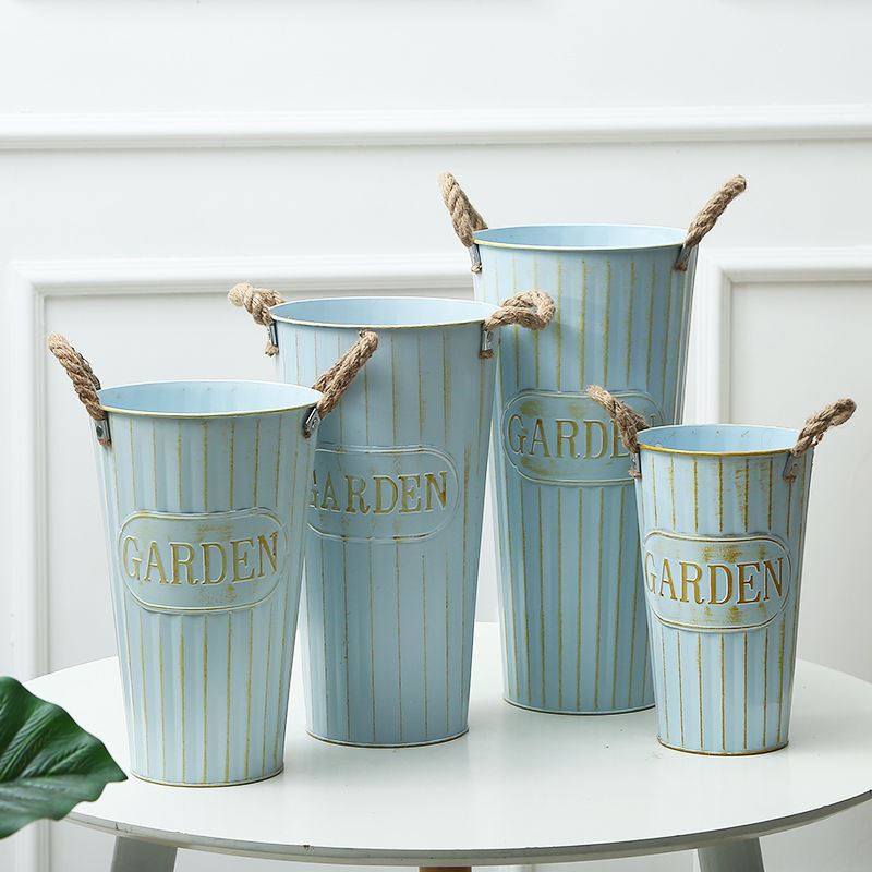 Iron Sheet Flower Barrel Flowers Barrel Retro Iron Art Flower Barrel Home Living Room Dry Flower Decorated Flower Barrel Hemp Rope Big Wake-up Flower Barrel