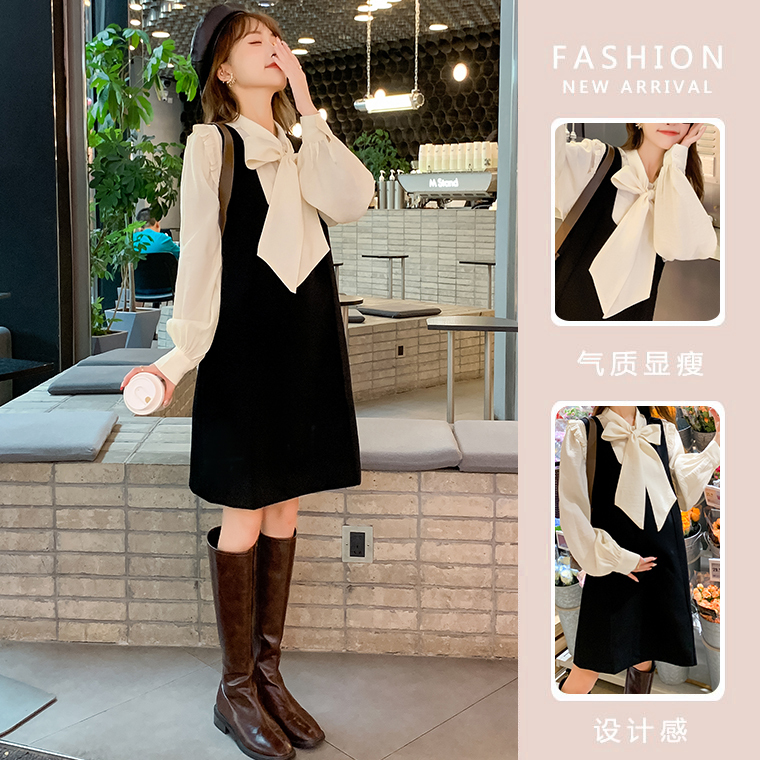Maternity Autumn Outfit Set, Fashionable 2022 New Spring and Autumn Style, Elegant Bow Tie Shirt + Vest Dress Two-Piece Set Maternity Autumn Outfit Set, Fashionable 2022 New Spring and Autumn Style, Elegant Bow Tie Shirt + Vest Dress Two-Piece Set