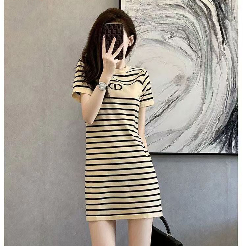 Can Be Worn Outside as a Nightgown for Women, 2026 Summer New Style, High-End, Age-Reducing, Pure Cotton Striped Short-Sleeved Polo Collar Dress