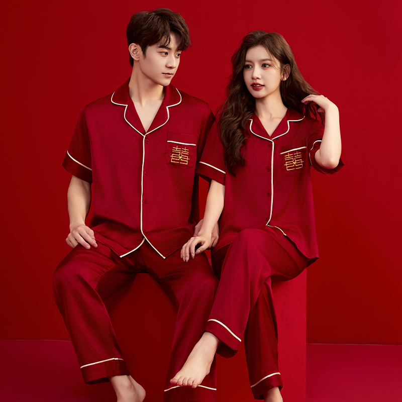 2026 Summer New Red Wedding Ice Silk Couple Pajamas, One Male and One Female Short-Sleeved Home Wear Set