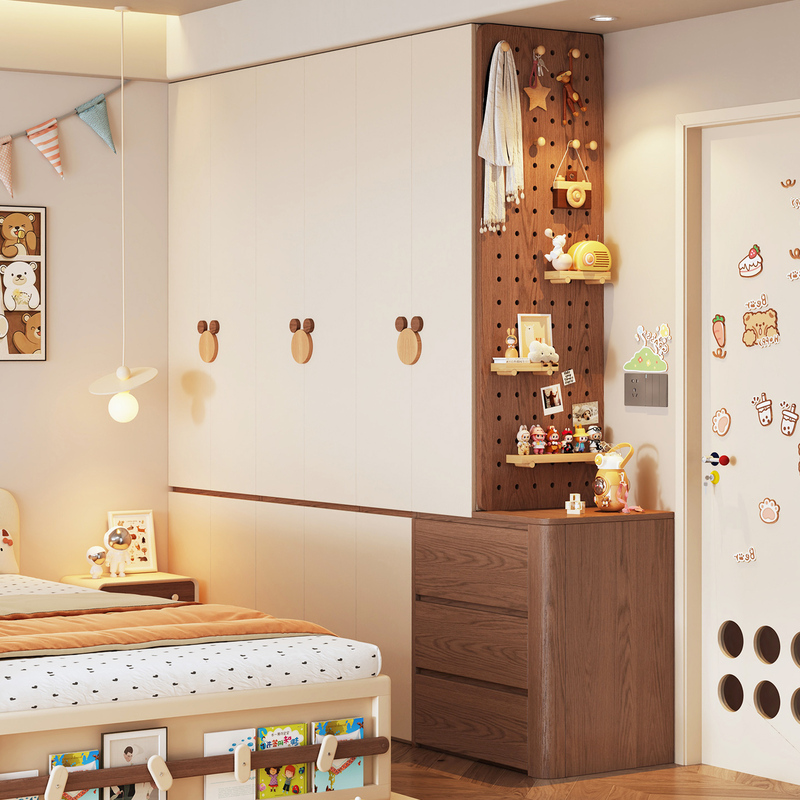 Second-Hand Cream-Style Bedroom Dresser and Wardrobe Combo, Enf-Grade Solid Wood Children's Wardrobe with Side Pegboard for Hanging Clothes Second-Hand Cream-Style Bedroom Dresser and Wardrobe Combo, Enf-Grade Solid Wood Children's Wardrobe with Side Pegboard for Hanging Clothes