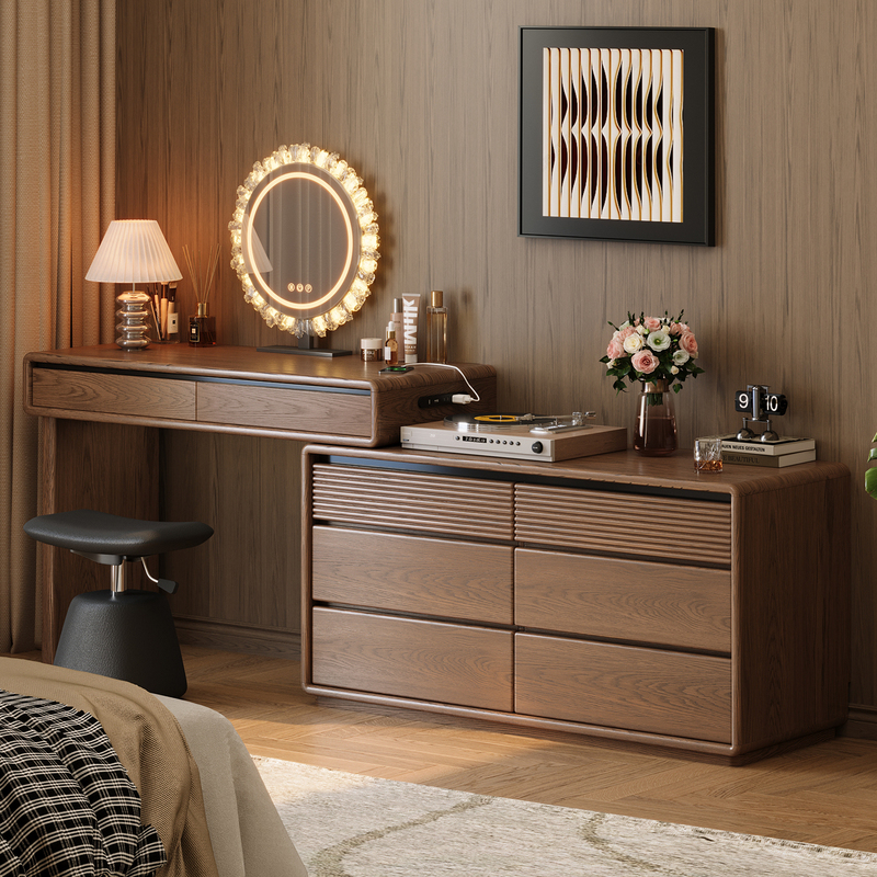 Vintage Bauhaus Makeup Table and Dresser with Integrated Storage, High-End Bedroom Vanity in Solid Walnut Wood Color Vintage Bauhaus Makeup Table and Dresser with Integrated Storage, High-End Bedroom Vanity in Solid Walnut Wood Color