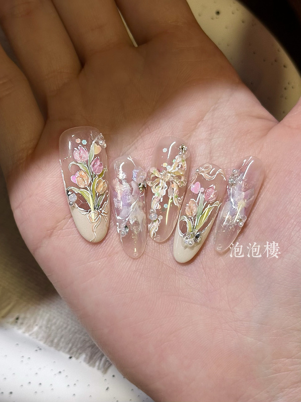 Tulip | Bubble Tower (Original) Handmade Wearable Nails Hand-Painted Watercolor Tulip Flower Manicure