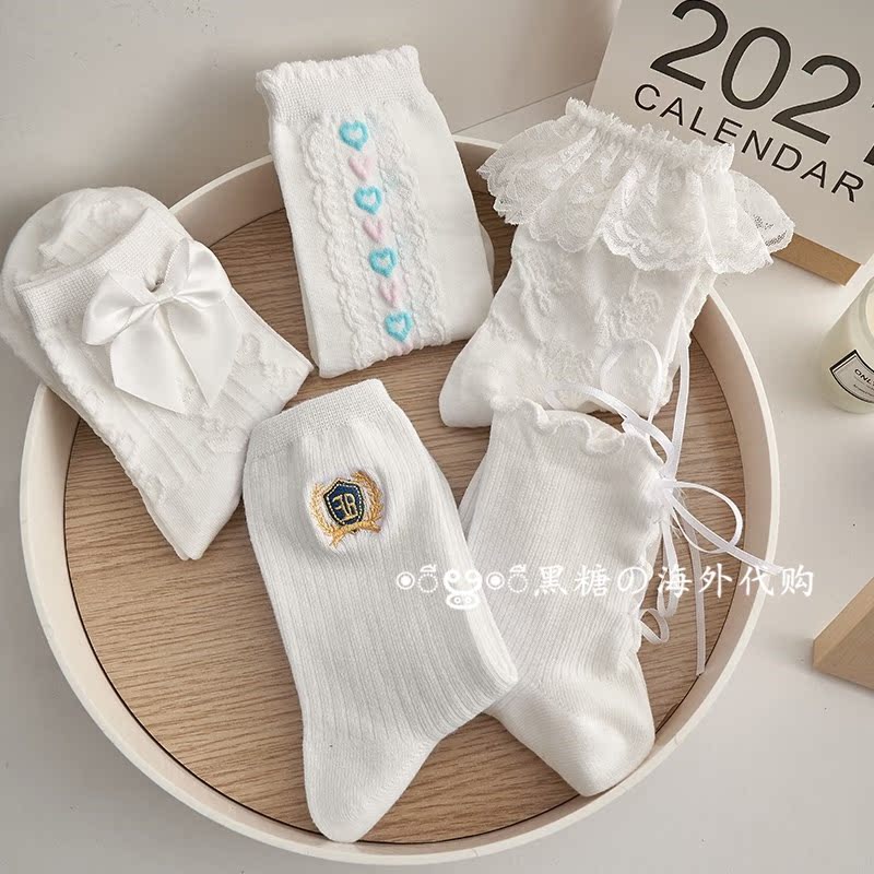 Japanese tsutsu white socks women's tube socks spring and summer ins tide pure cotton Japanese lolita thin stockings