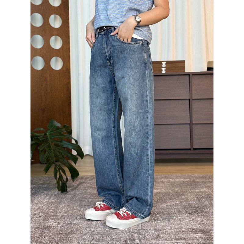 Baipan·【Cooling Oil】Soft and Drapey Thin Straight-Leg Blue Denim Tencel Cotton Blend Straight-Leg Baipan·【Cooling Oil】Soft and Drapey Thin Straight-Leg Blue Denim Tencel Cotton Blend Straight-Leg
