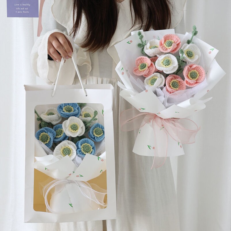 diy handmade wool knitting bouquet simulation poppies flower art wrapping paper material package set for girlfriends gifts