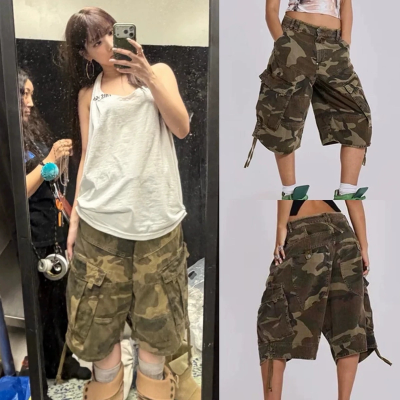 In Stock Jaded London Lin Na-Yeon Style Loose Low-Waist Drawstring Workwear-Style Camouflage Cropped Pants for Women