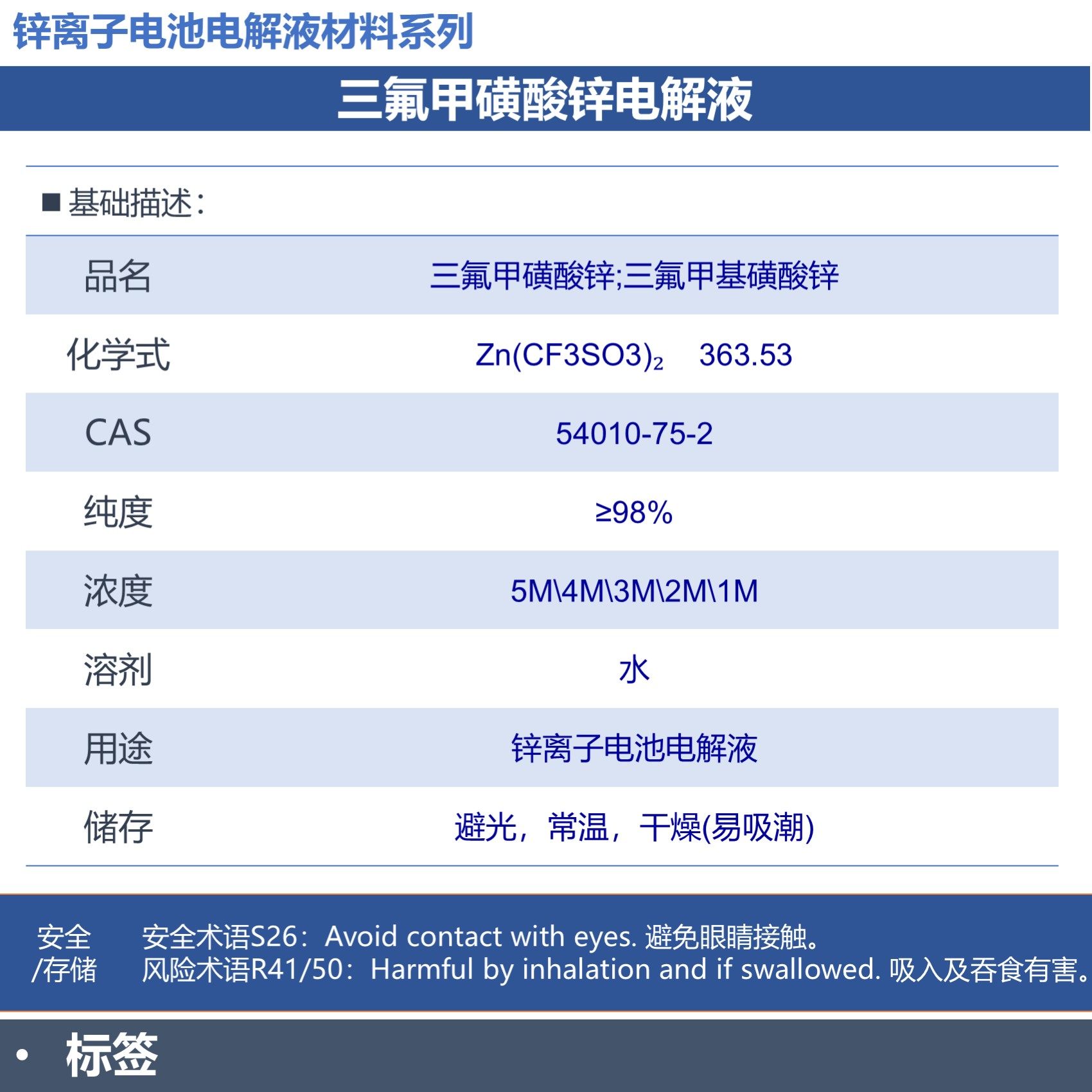 三氟甲磺酸锌/锌离子电池电解液Zn(CF3SO3)2/Zn(OTF)2水系电池