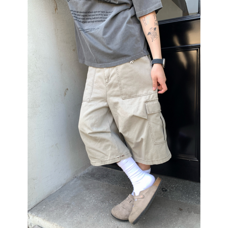 American Retro Pleated Multi-Pocket Cropped Pants Unisex Trendy Wide-Leg Lumberjack Cargo Pants Cleanfit Shorts