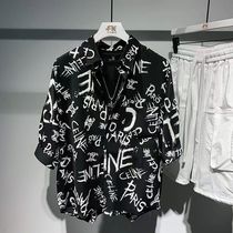 Black2023夏季新款男士港风发型师短袖字母衬衫气质百搭衬衣男潮