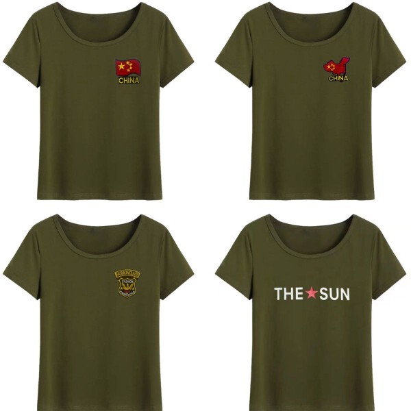 Army Green Top Camouflage Clothing for Women Summer Round Neck Half-Sleeve Base Shirt Elastic Slim Short-Sleeve T-Shirt Casual Sportswear
