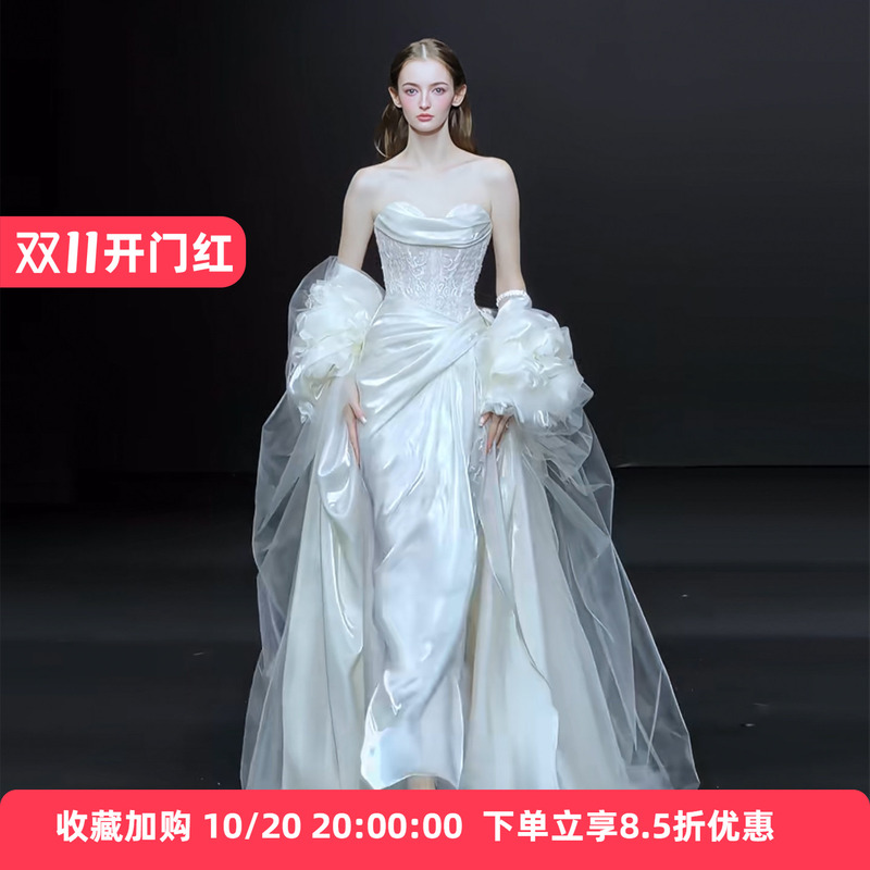 French-Style Satin Strapless Wedding Dress, Super Fairy-Like Main Wedding Gown, High-End Texture for Engagement and Reception French-Style Satin Strapless Wedding Dress, Super Fairy-Like Main Wedding Gown, High-End Texture for Engagement and Reception